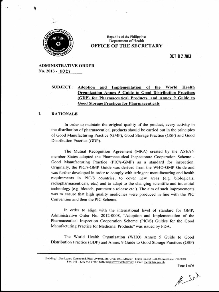 Administrative Order No. 20130027 Good Distribution and Good Storage