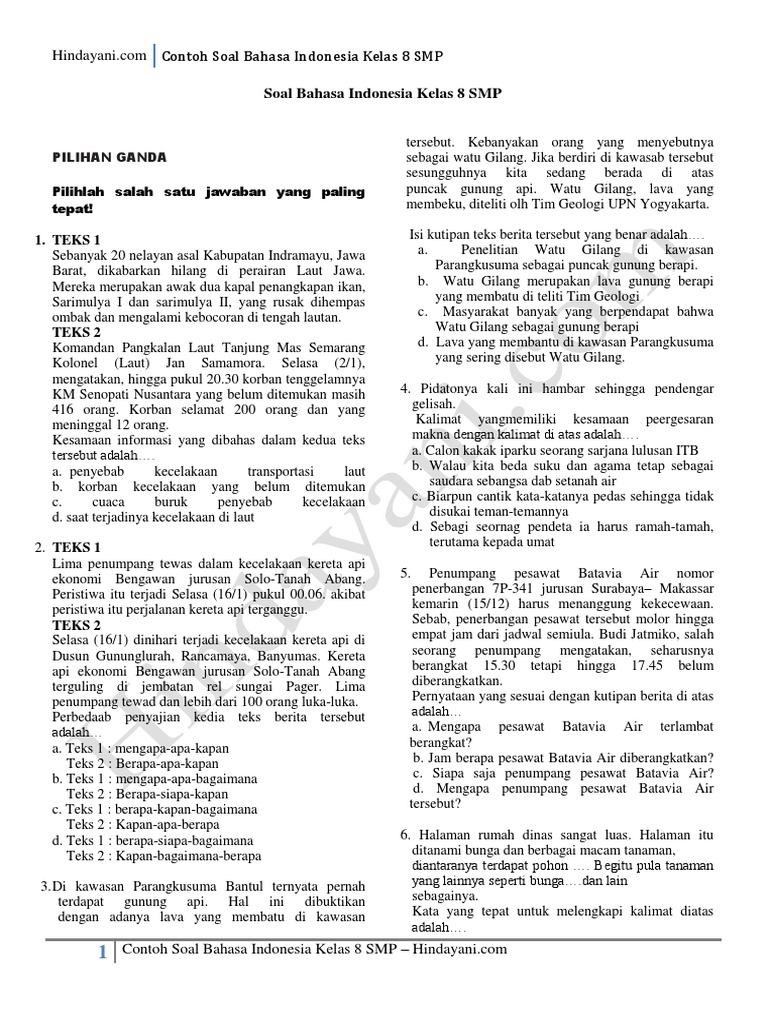 Contoh Soal Bahasa Indonesia Kelas 8