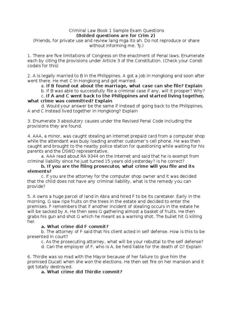 Criminal Law Book 1 Sample Exam Questions | PDF | Crime & Violence ...