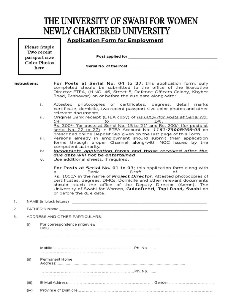 Application Form For Employment Please Staple Two Recent Passport Size