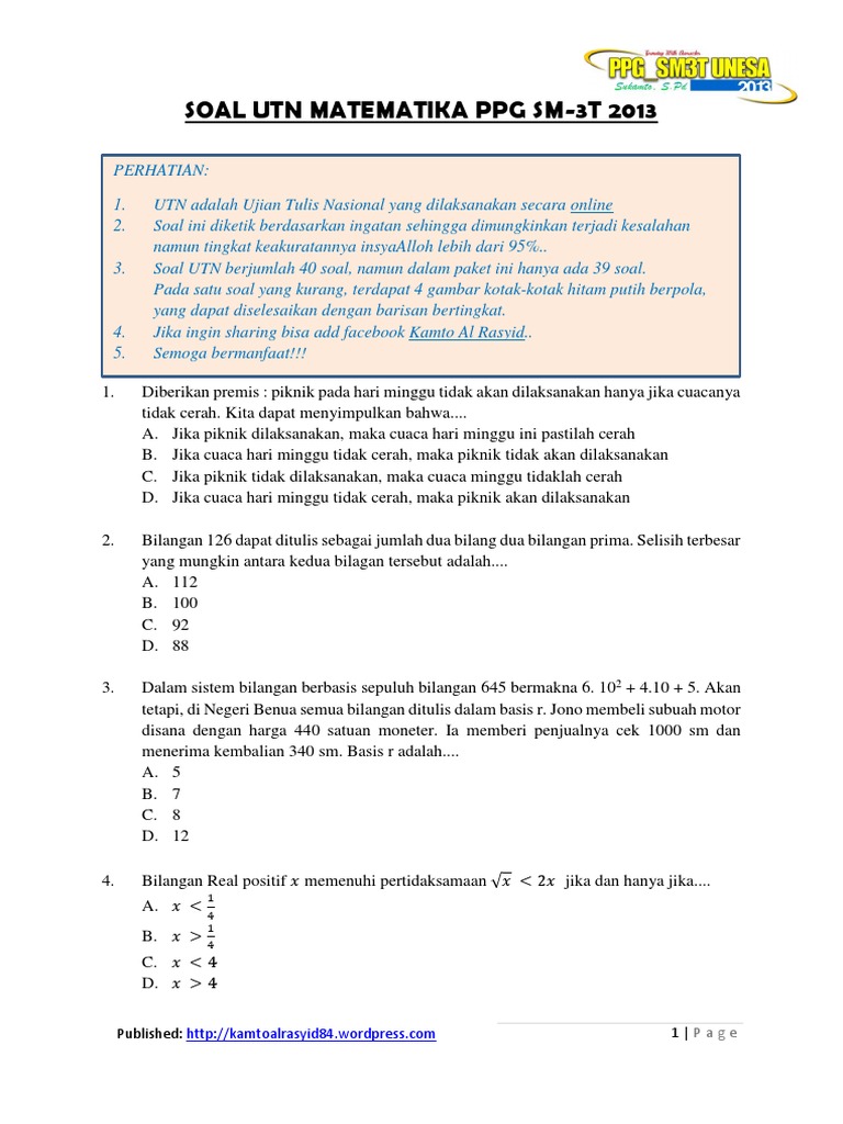 Soal Utn Mateematika Ppg Sm3t 2013