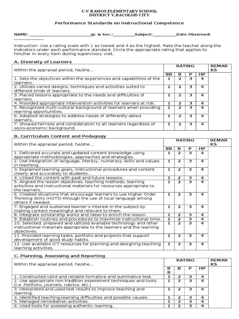 Performance Standards on Instructional Competence Educational