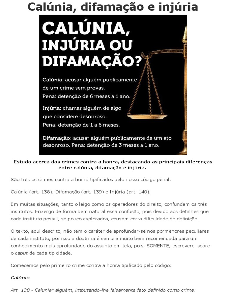 Diferenças entre Calúnia, Difamação e Injúria | PDF | Difamação | Crime ...