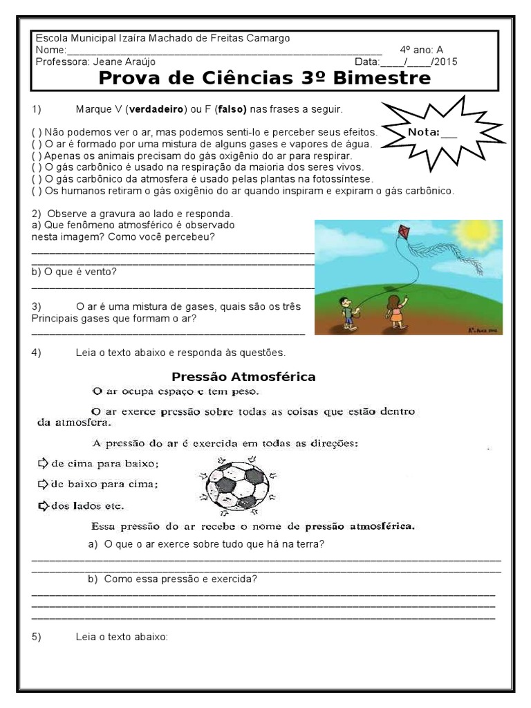 Prova de Ciências 4º Ano 3º Bimestre