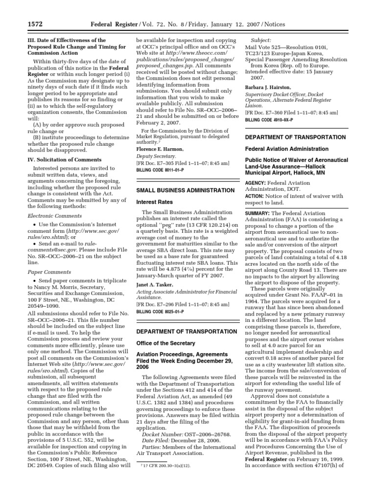 Notice Aeronautical LandUse Assurance Waivers Hallock Municipal