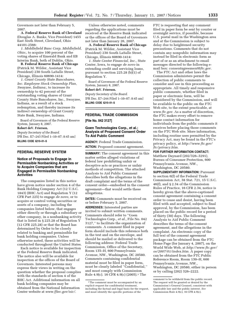 Federal Reserve Nonbanking Proposals | PDF | Federal Trade Commission ...