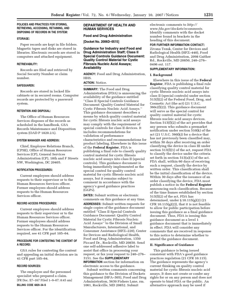 Notice Reports and Guidance Documents Availability, Etc. Cystic