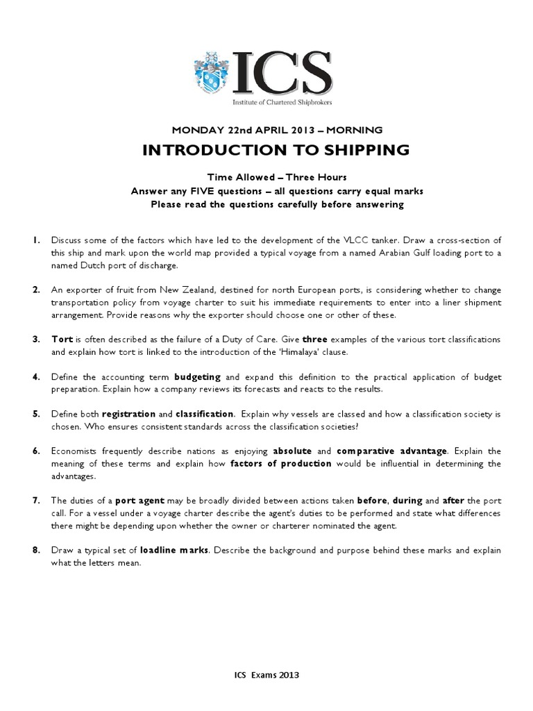 ICS Introduction to Shipping Exam 2013 | PDF | Tort | Test (Assessment)