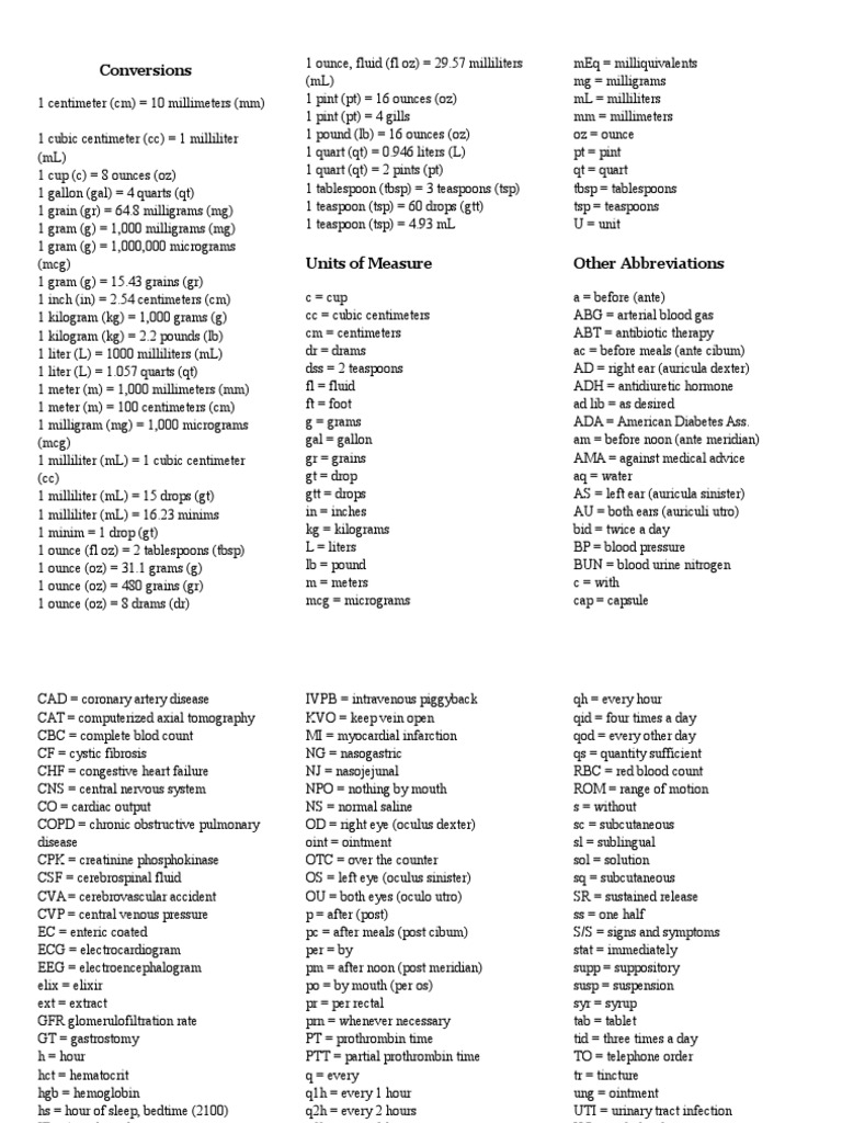Nursing Conversion Chart Guide | PDF | Ounce | Gallon
