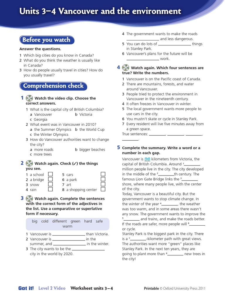 Got It Level 2 Video Worksheets 3-4 | PDF | Vancouver | Victoria ...