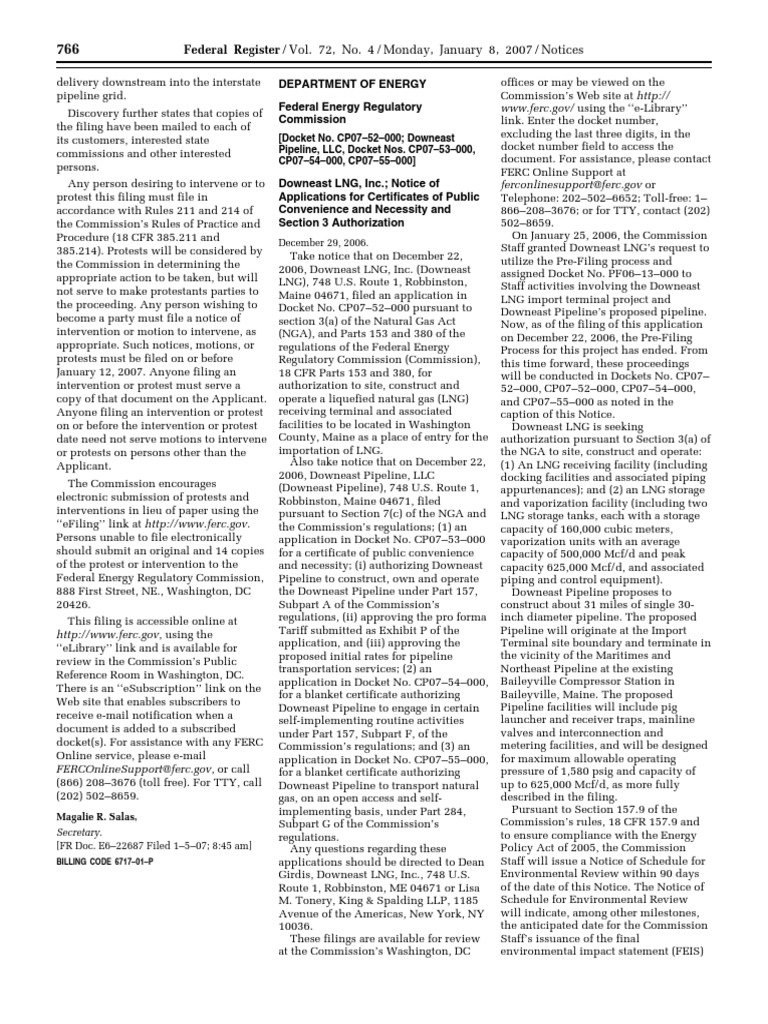 Notice Applications, Hearings, Determinations, Etc. Downeast LNG, Inc., Et Al. PDF Federal