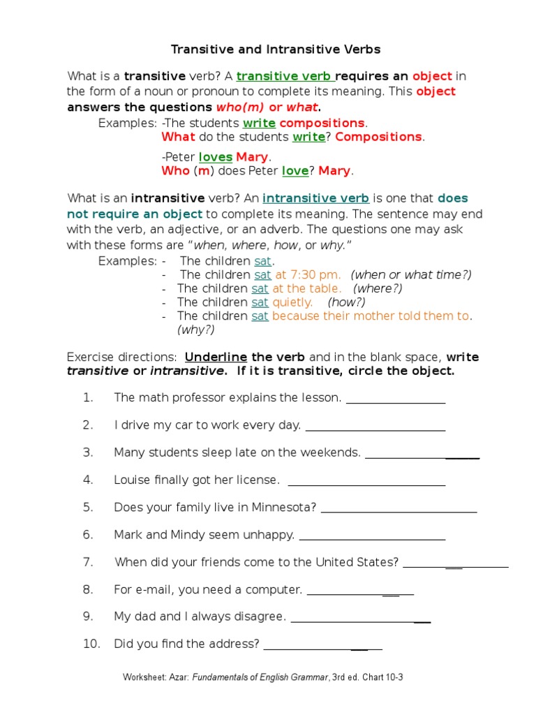 Worksheets Transitive And Intransitive Verbs Worksheet transitiveintransitiveverbs doc object grammar verb