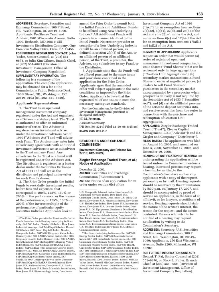 Notice Investment Company Act of 1940 Ziegler Exchange Traded Trust