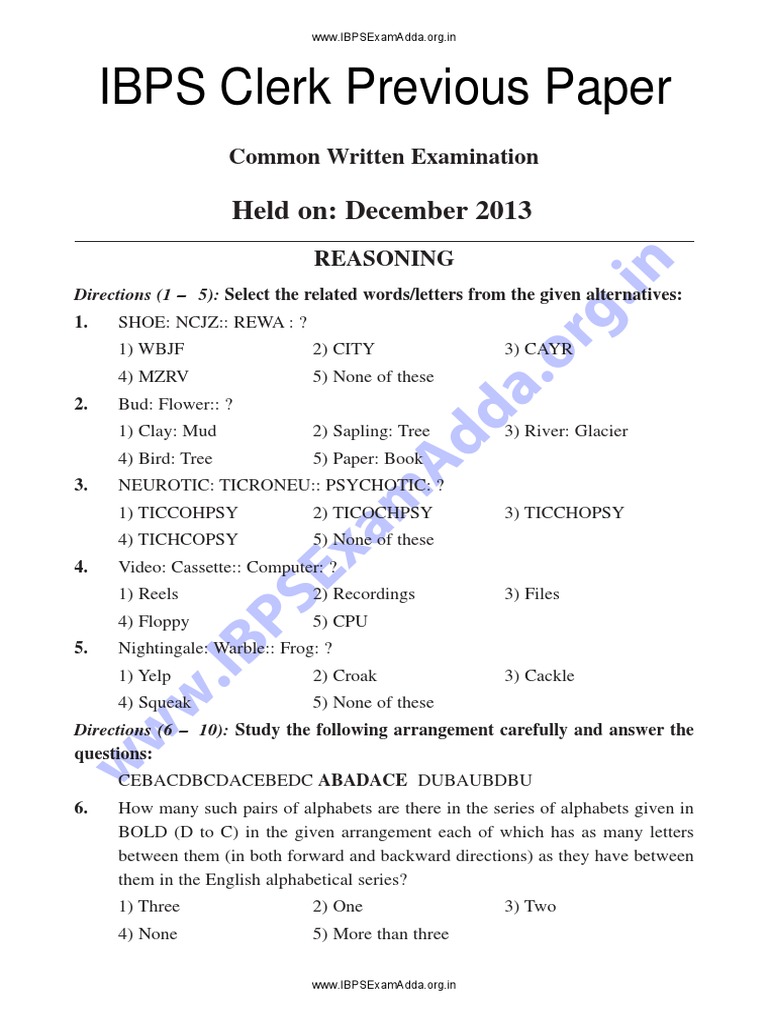 IBPS Clerk Sample Question Paper Online Banking Banks