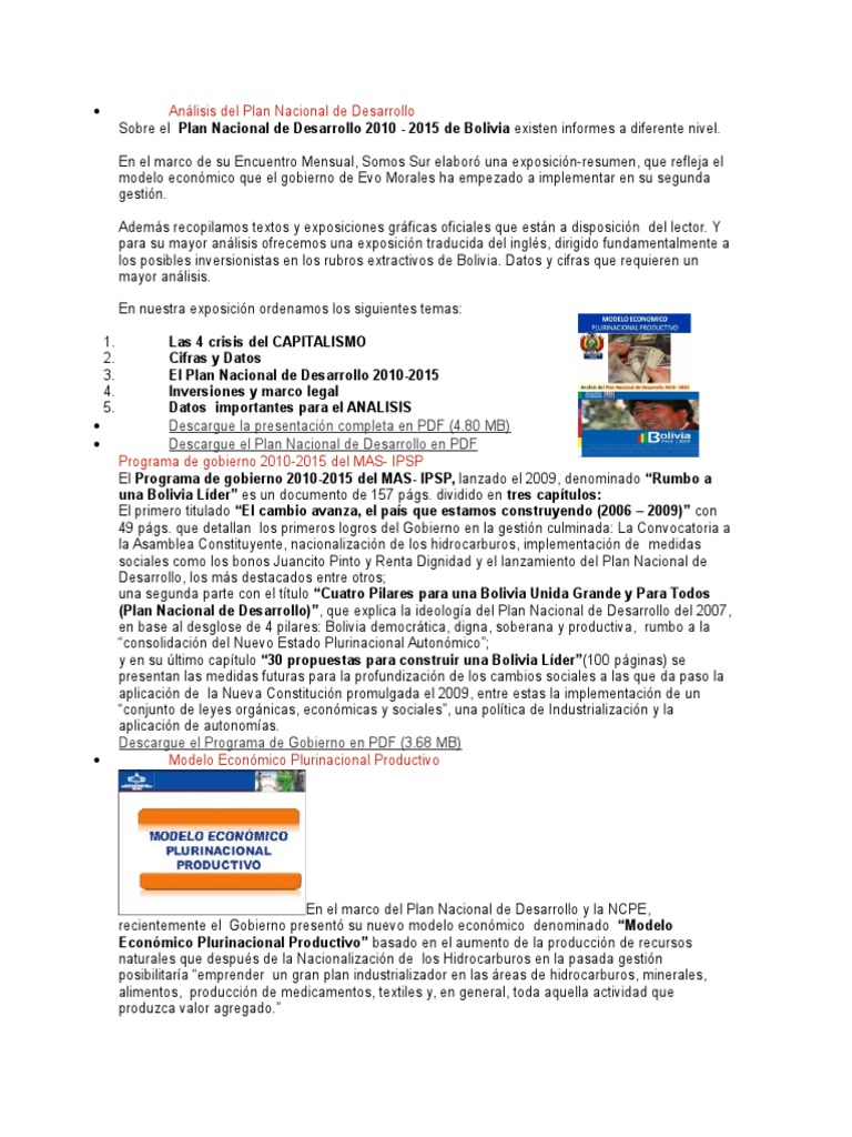 Análisis del Plan Nacional de Desarrollo Bolivia | PDF | Bolivia | Turismo