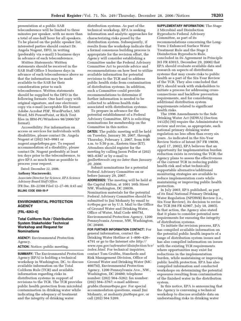 EPA Total Coliform Rule Workshop Notice | PDF | United States ...