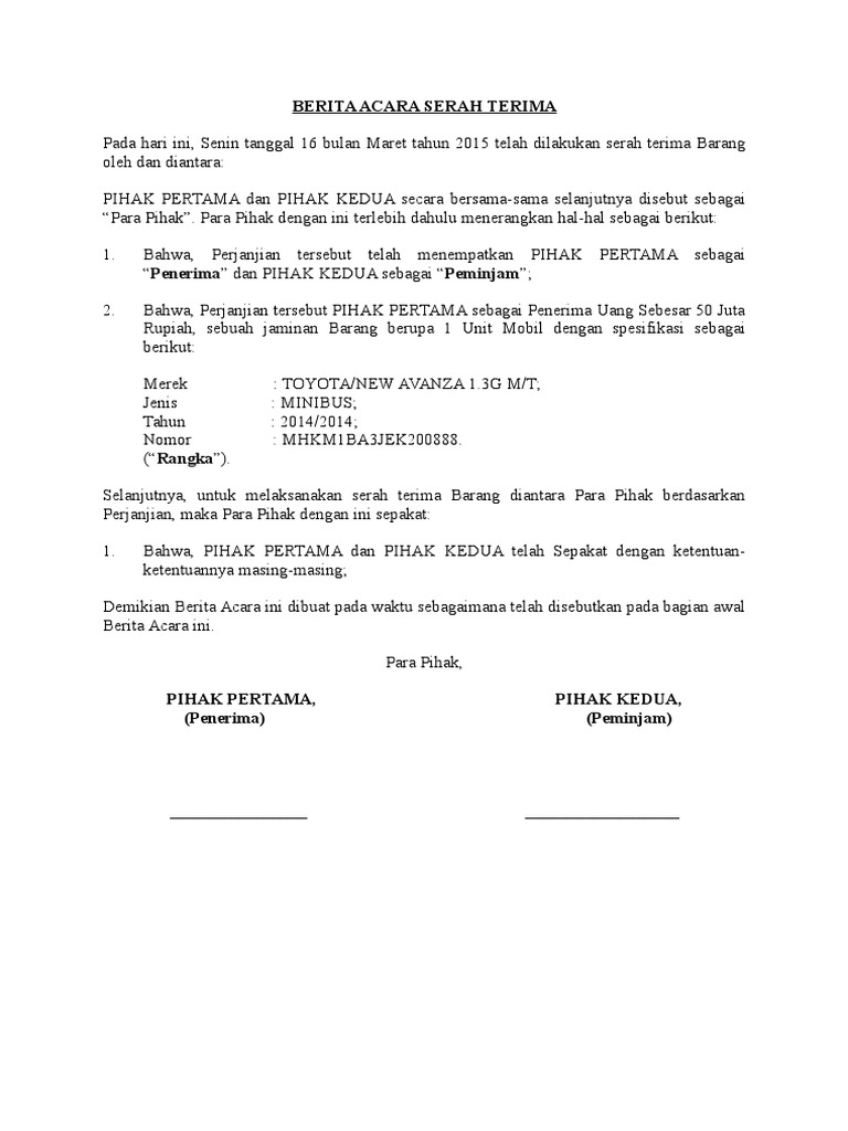 Contoh Berita Acara Serah Terima Barang