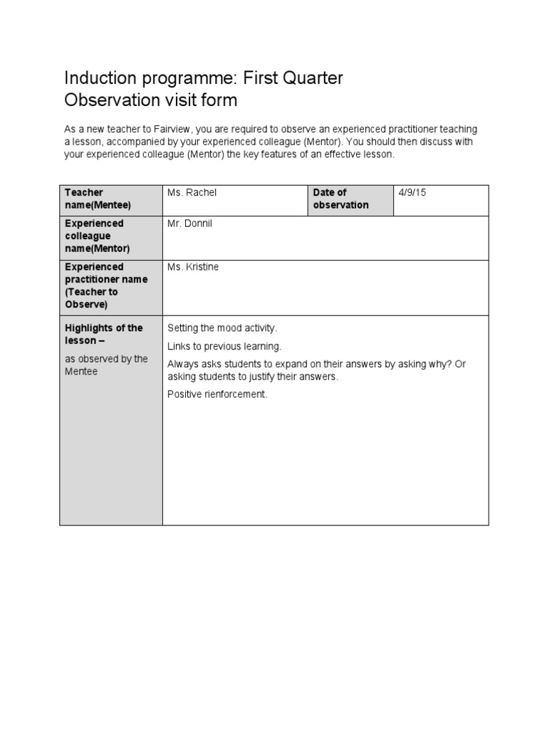New Teacher Observation Guide | PDF