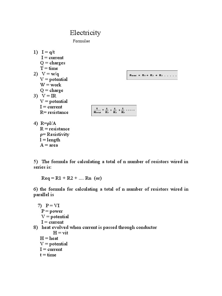 Electricity Formulas for Class 12 | PDF