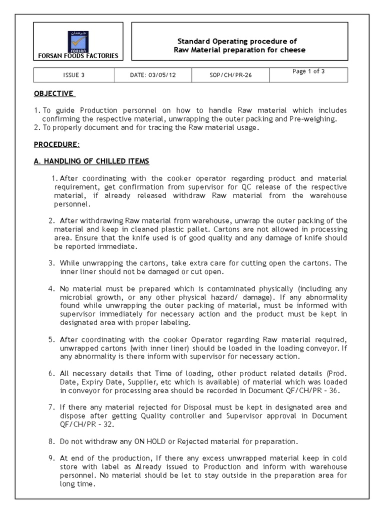 SOPCHPR26 Material Preparation For Cheese Issue2 PDF Warehouse
