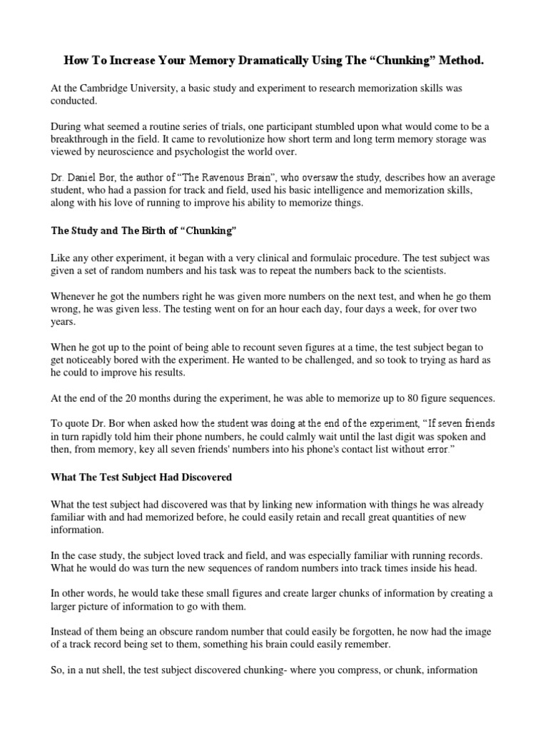 Chunking Exercise Pdf Pdf Mnemonic Memory