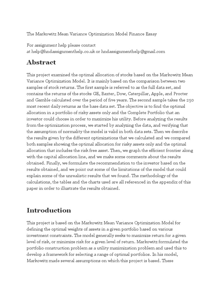 Markowitz Mean-Variance Optimization Analysis | PDF | Diversification ...