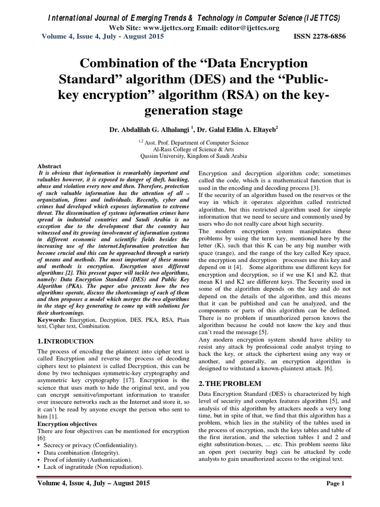 Combination of The "Data Encryption Standard" Algorithm (DES) and The ...