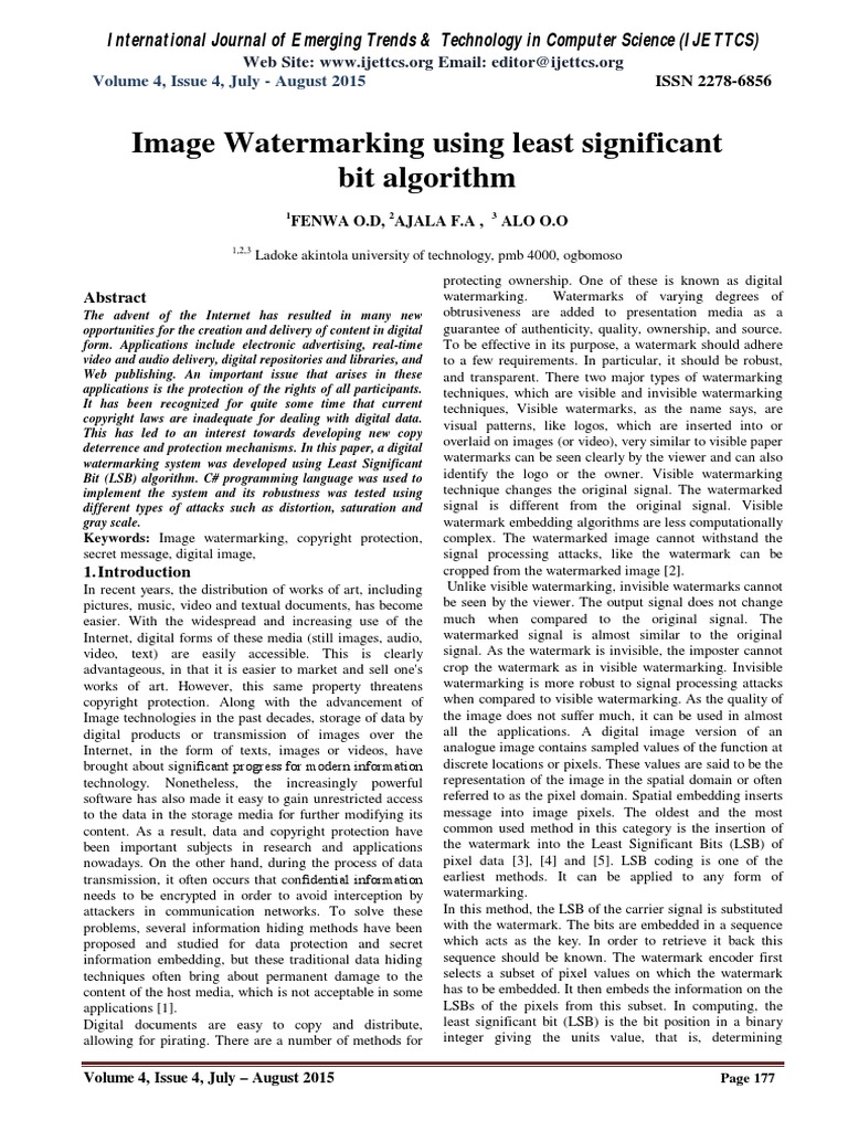 Image Watermarking Using Least Significant Bit Algorithm | PDF