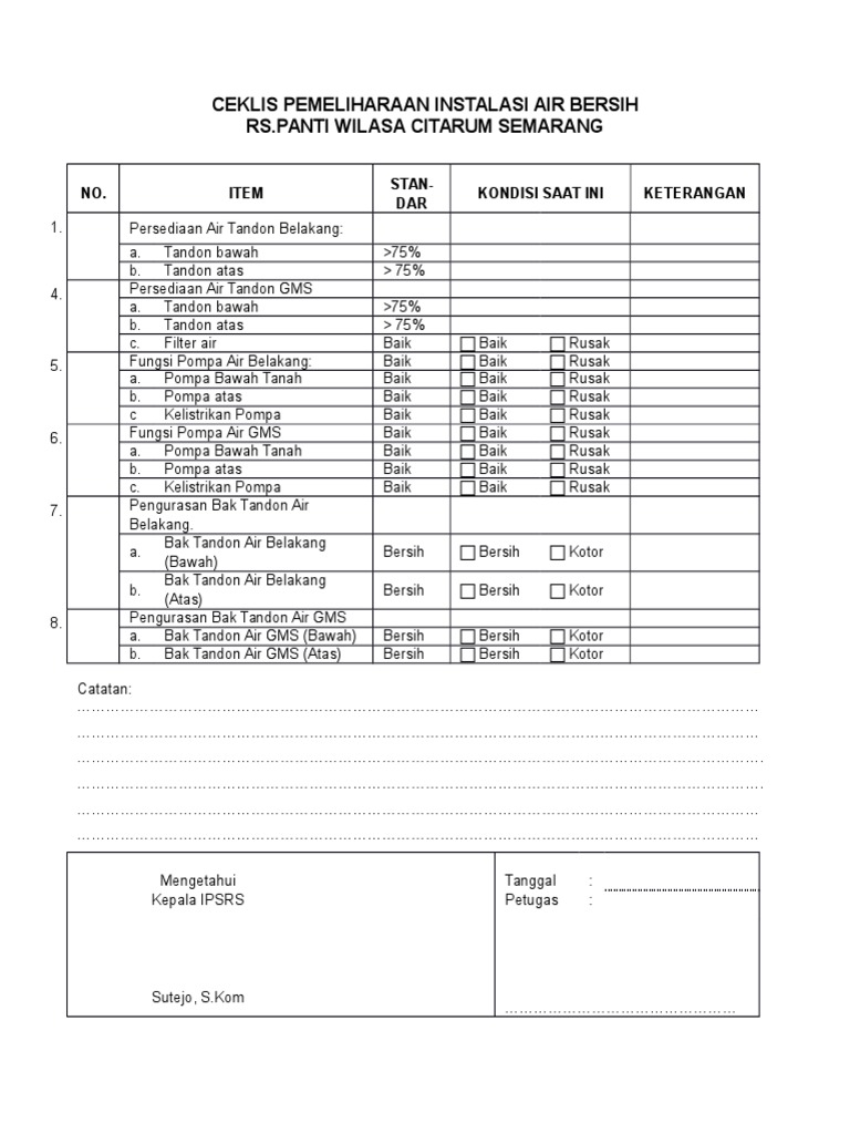 Ceklis Harian Ketersediaan Air Bersih