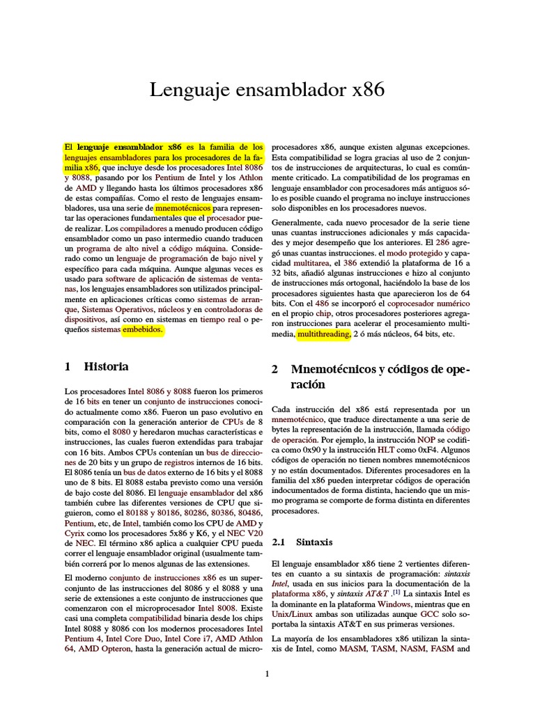 Lenguaje ensamblador x86 Lenguaje ensamblador Unidad Central de
