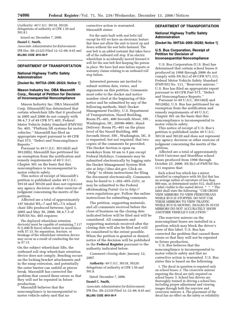 Notice Motor Vehicle Safety Standards Exemption Petitions, Etc