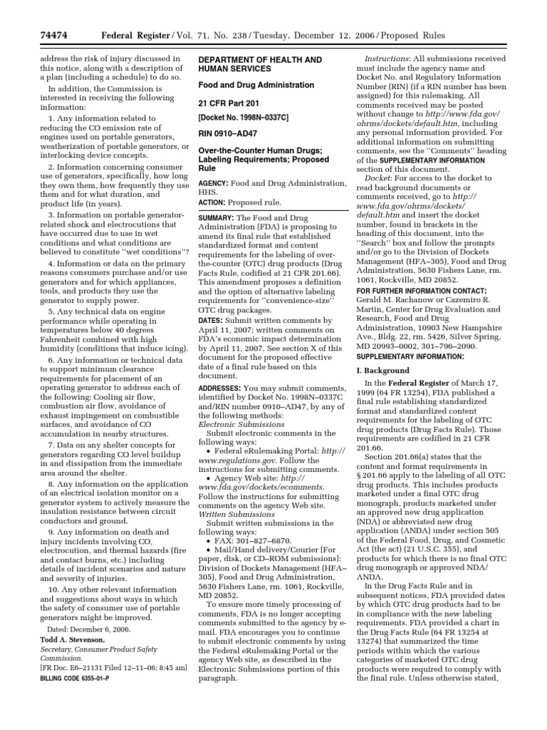 Proposed Rule Human Drugs Labeling of Drug Products (OTC) — Standardized Format and Content