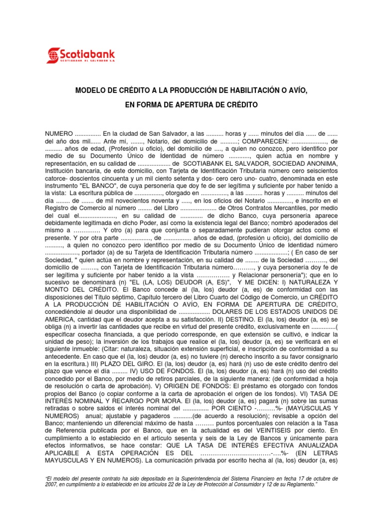 Contrato de Habilitacion o Avio Bancos Pagos