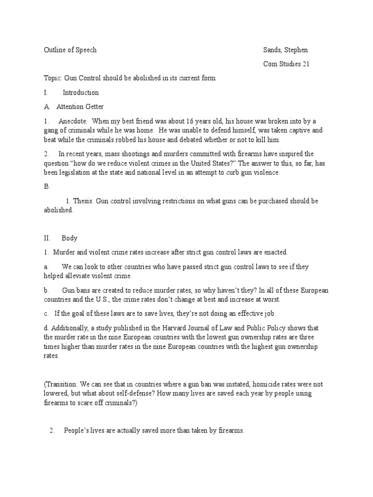 Outline Of Speech Gun Control Gun Control Gun Violence In The United States