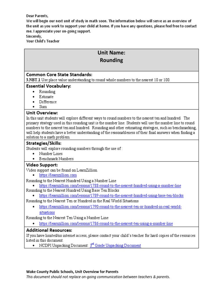 Math Unit Overview: Rounding for Parents | PDF