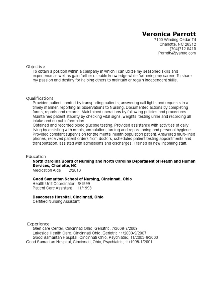 Experienced Patient Care Assistant Resume | PDF