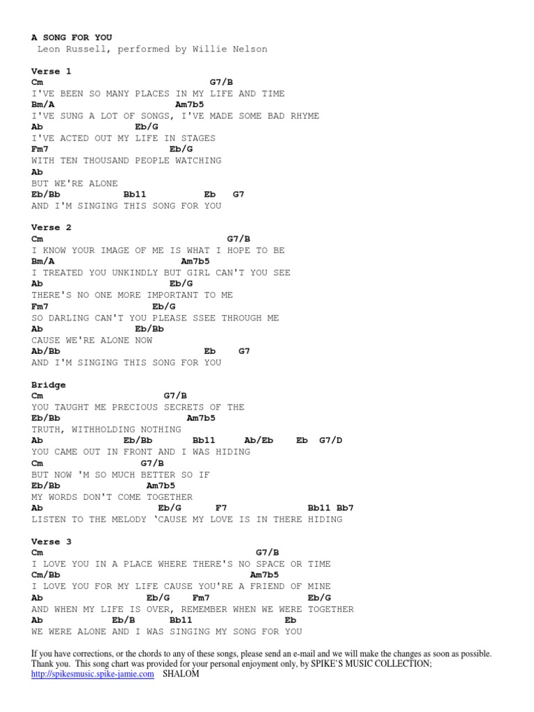 A Song For You Chord Chart
