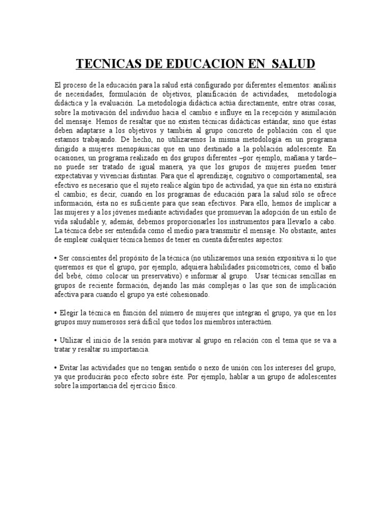Técnicas Efectivas en Educación de Salud | PDF | Seminario | Información
