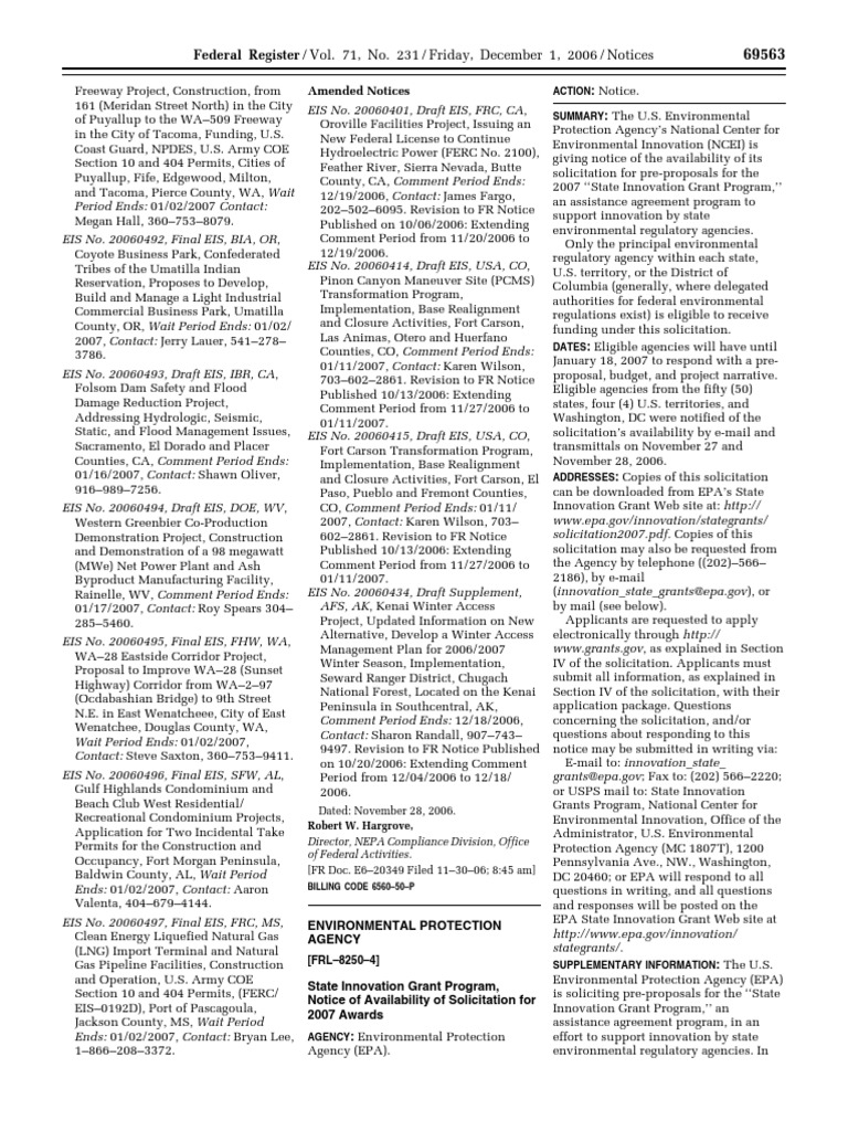 Notice Environmental Statements Availability, Etc. State Innovation