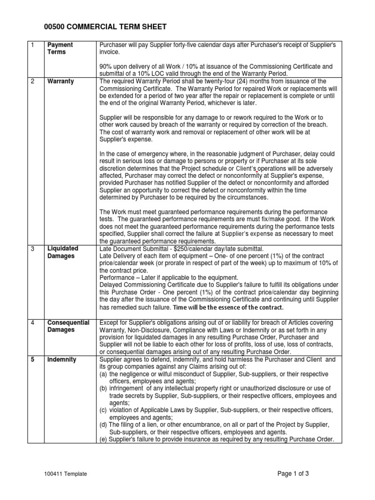 procurement-commercial-term-sheet-indemnity-insurance