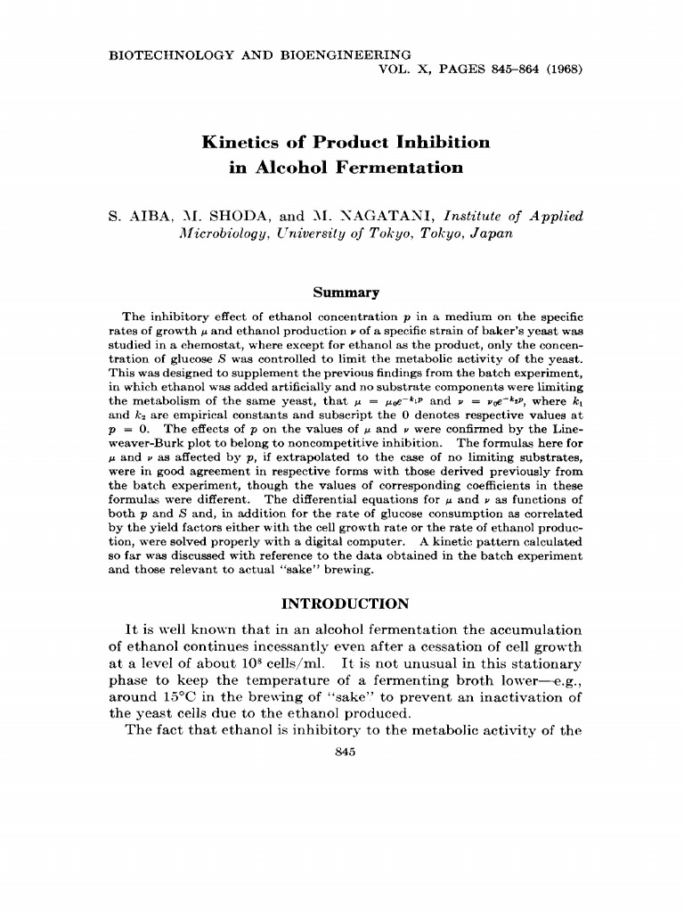 Aiba 1968 Kinetics of Product Inhibition in Alcohol Fermentation | PDF ...