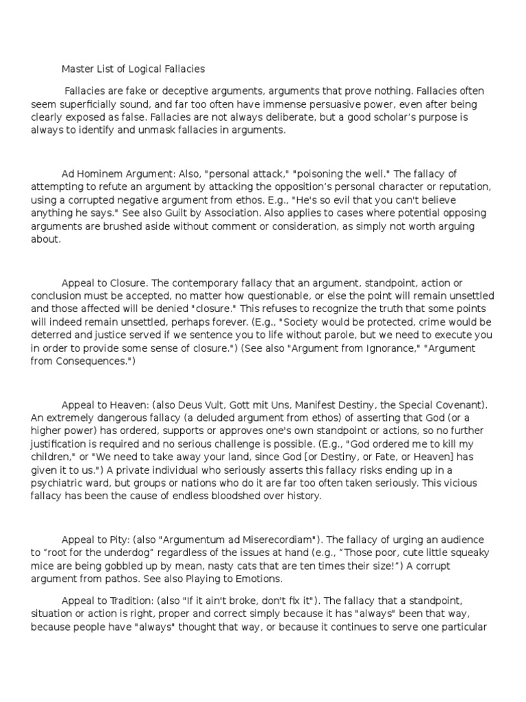 Master list of logical fallacies fallacy argument