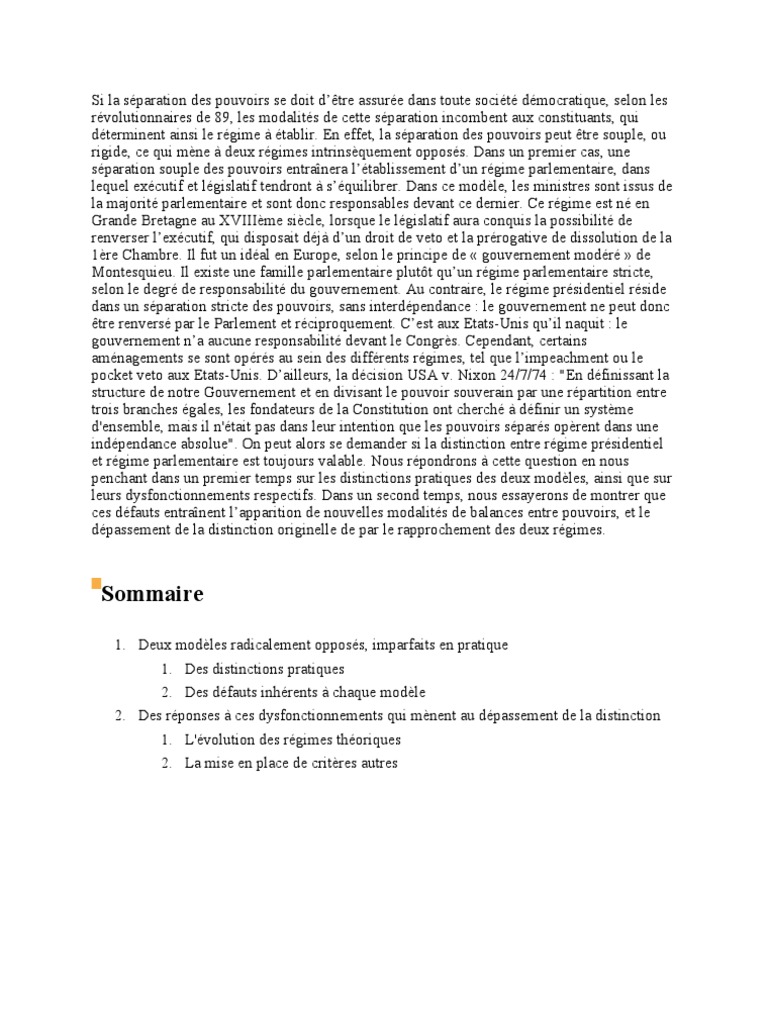 Régime Parlementaire Et Régime Présidentiel Dissertation Pdf