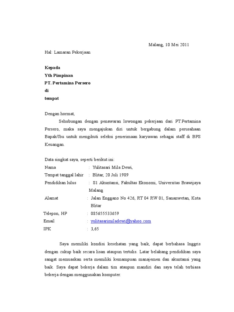 surat lamaran PT pertamina.doc