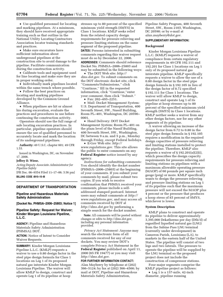 Notice Pipeline safety Advisory bulletins— Kinder Louisiana