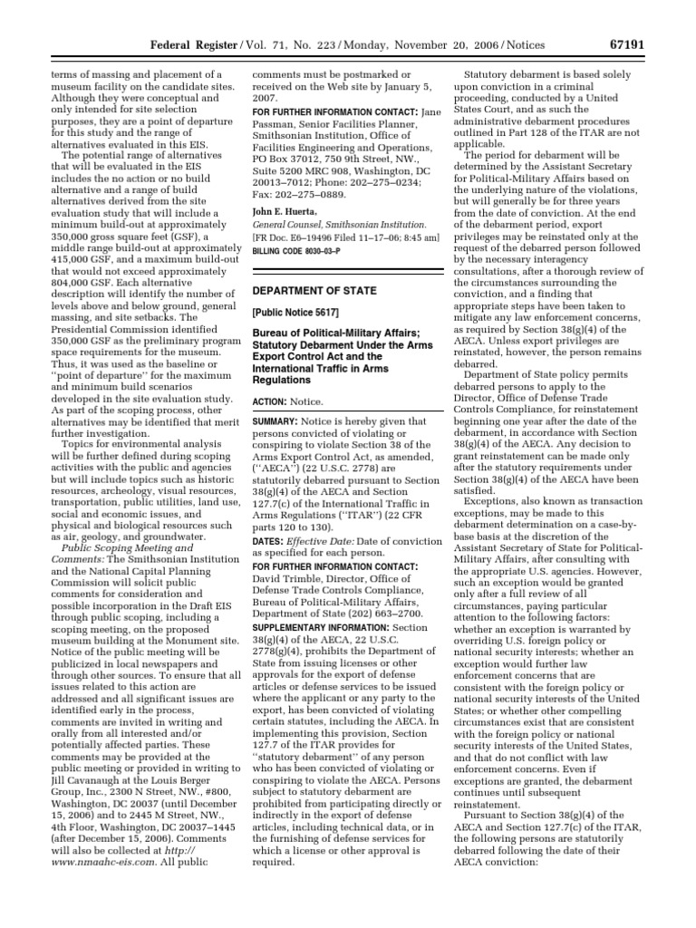 Notice Arms Export Control Act Persons violating or conspiring to