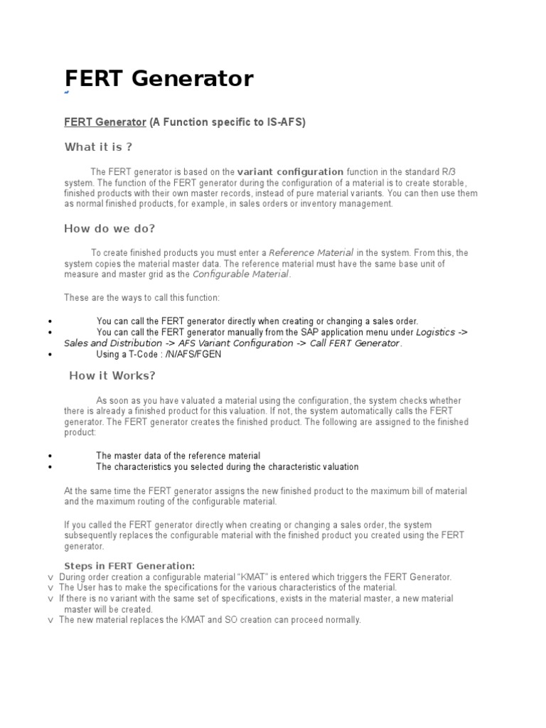 FERT Generator in SAP AFS Configuration | PDF