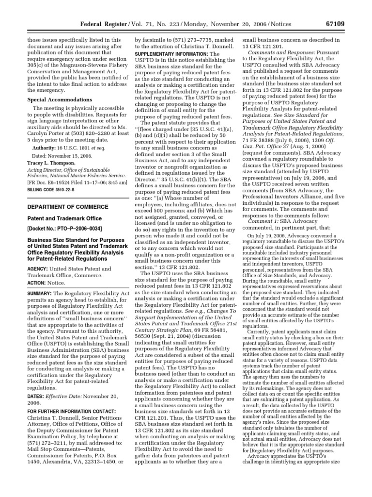Notice Small Business Size Standards Small Business Concern PDF United States Patent And