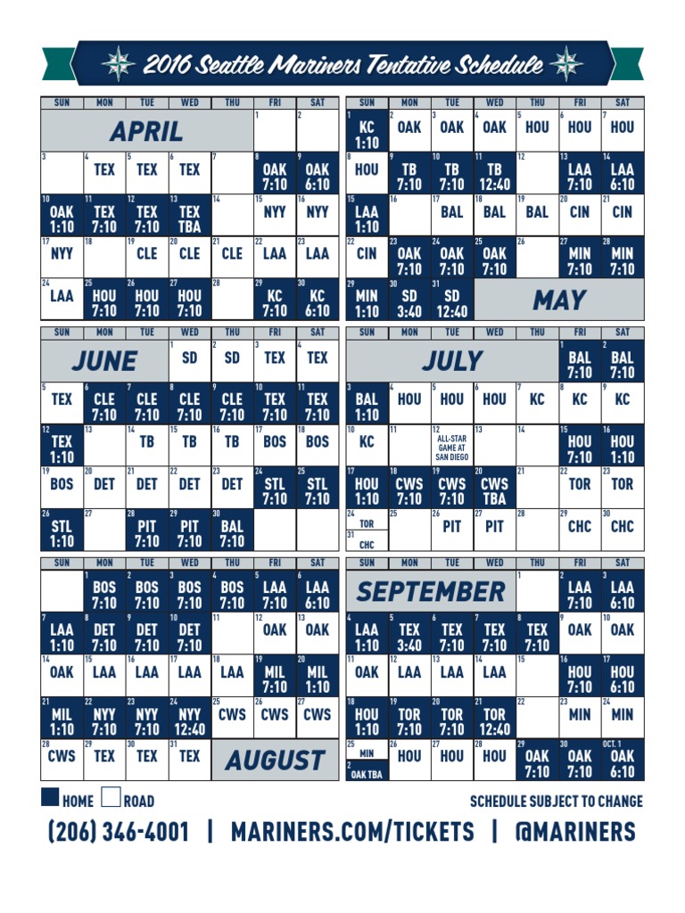 2016 Mariners Schedule PDF