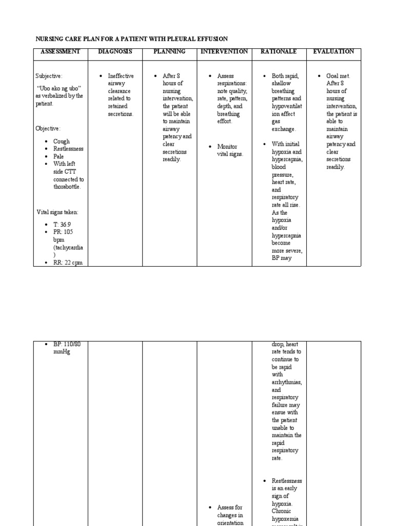 Nursing Care Plan For A Patient With Pleural Effusion Breathing Hypoxia Medical